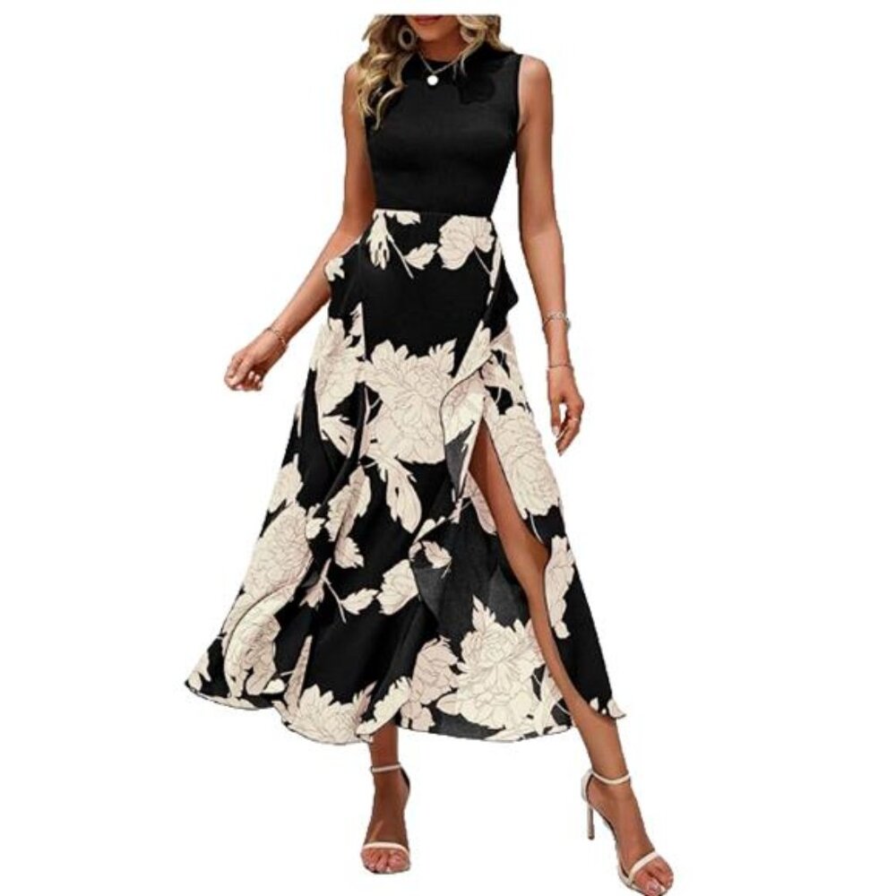 NEW BTFBM Casual Sleeveless Crewneck Floral Ruffle Midi Dress Women's XL
